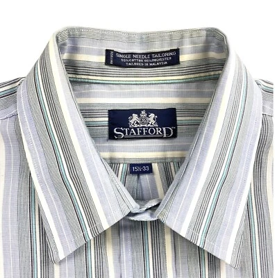 Camisa de vestir STAFFORD de una sola aguja para hombre 15,5/33 azul blanco a rayas Foto 1 de 4