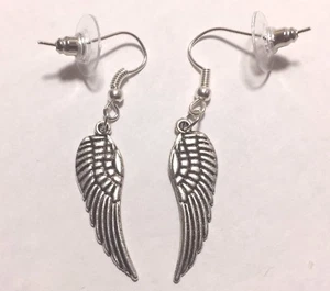 Dazzling ANGEL or Harley WING Dangle Drop SILVER TONE Pierced HOOK EARRINGS - Picture 1 of 2