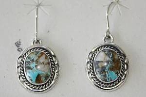 Signed Native American Navajo Made Sterling Silver Boulder Turquoise Earrings - Picture 1 of 5