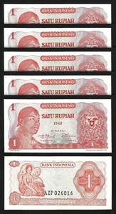Indonesia 1 Rupiah 1968, UNC-, 5 Pcs LOT, P-102, Sudirman - Picture 1 of 4