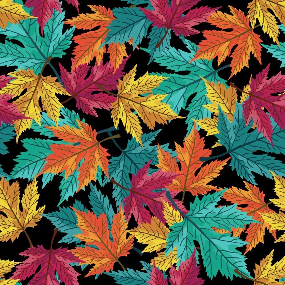 Fall Autumn Thanksgiving Teal and Orange Leaves on Black 100% Cotton Fabric - Image 1 of 1