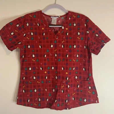 SB Scrubs Red V-Neck Penguin Scrub Top Medical Uniform Small - Image 1 of 4