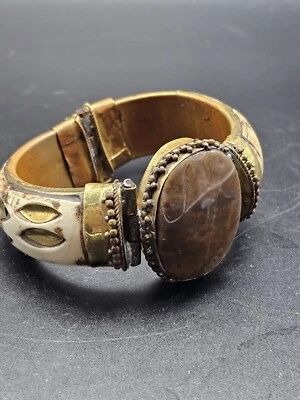 Vintage  Bone & Brass Bracelet And Bangle Large Brown Agate Stone Tribal - Image 1 of 4