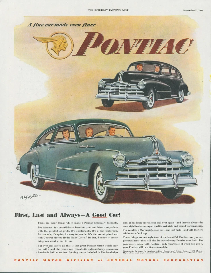1948 Pontiac DeLuxe Streamliner Sedan Coupe Body By Fisher Vtg Print Ad SP20 - Image 1 of 1