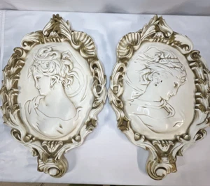 French Baroque Cameo Set (Large) Wall Plaques Chalkware Plaster VIntage - Picture 1 of 15