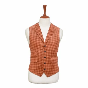 Mens Vest 44R Orange Brown Check Corduroy Waistcoat XL Formal Wedding Party - Picture 1 of 9