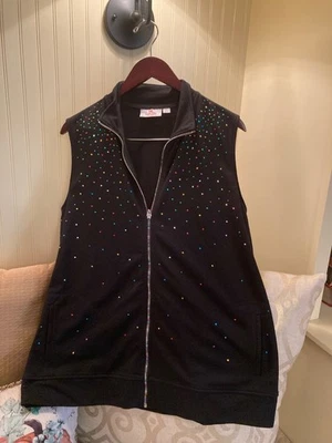 Quacker Factory Black Large Vest Jewell Tone Faceted Beads and Zipper 2 Pockets - Image 1 of 4