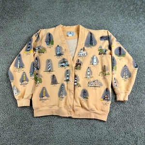 VINTAGE 90s Lighthouse Point Cardigan Sweater Womens L Orange Gulf East Coast - Picture 1 of 12