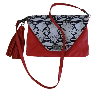 NWOT Tylie Malibu Fold Over Pony Hair / Leather Crossbody Snake Print Bag Red - Image 1 of 4