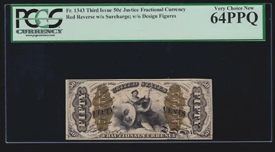 US 50c Justice Fractional Currency Note Red Back FR 1343 PCGS 64 PPQ (020) - Image 1 of 2