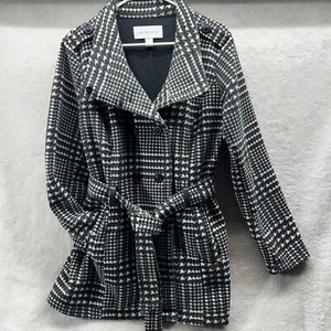 Liz Claiborne Women Black/White Belted Variegated Houndstooth Coat - Size L - Picture 1 of 8