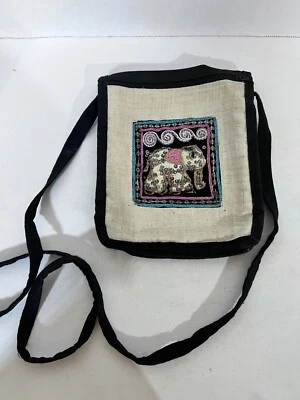 3D Elephant Purse Embroidered Sequin Black Cotton Zipper With Fold Over Pouch - Image 1 of 4