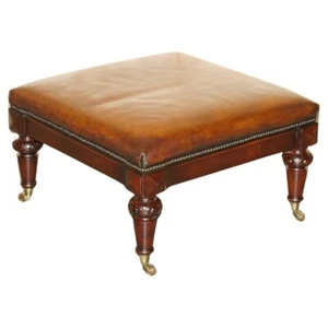 LARGE STUNNING VINTAGE RALPH LAUREN HAND DYED BROWN LEATHER FOOTSTOOL OTTOMAN - Picture 1 of 13