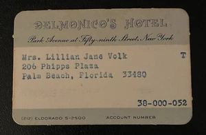 Delmonico’s Hotel Card New York, Mrs. Lillian Jane Volk Palm Beach Florida - Picture 1 of 2
