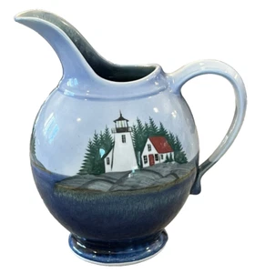 Sheepscot River Pottery Maine Large 10" Pitcher Jug Lighthouse Pattern Design - Picture 1 of 7