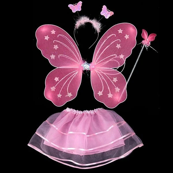 Juego de 4 piezas de disfraces de fantasía de mariposa alas de hadas para niñas y niños fiesta de Halloween Foto 1 de 4
