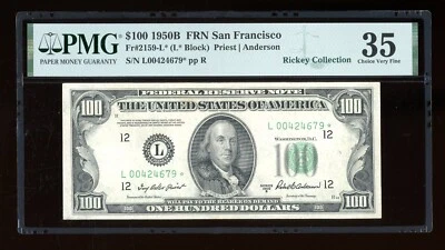 DBR 1950-B $100 FRN San Francisco STAR Fr. 2159-L* PMG 35 Serial L00424679* - Image 1 of 2
