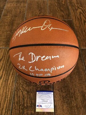 Hakeem Olajuwon SIGNED NBA Official GAME  Basketball PSA Houston ROCKETS 3 Inscr - Image 1 of 4