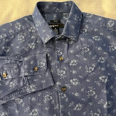 Camisa masculina Bar III pequena 14-14,5 slim fit cambraia estampa floral azul stretch - Imagem 1 de 4