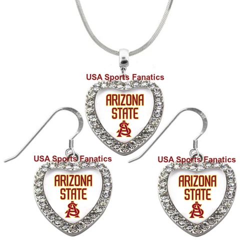Arizona State Sun Devils 925 Necklace / Earrings or Set Team Heart W/Rhinestones Cover