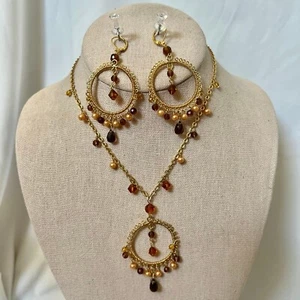 Cookie Lee Gold Tone Amber Bead Necklace Earringle Dangle Jewelry Set - Picture 1 of 11