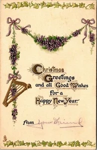 Postcard Christmas Greetings Wish Happy New Year Violets Tuck's Series 5091 1911 - Picture 1 of 2