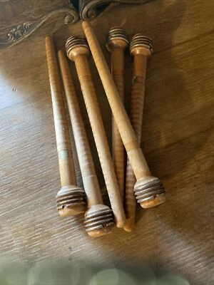 6 10” Vintage Wooden Bobbins Textile Spools Spindles Primitive - Image 1 of 3