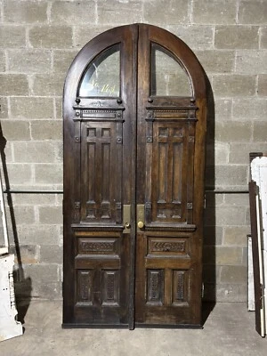 ~ PUERTAS FRANCESAS ANTIGUAS TALLADAS CAOBA DOBLE ENTRADA PIEDRA ROJIZA ~ 49 X 104,25 Foto 1 de 4