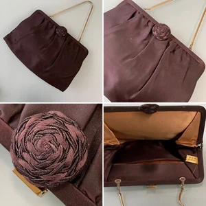 Original Vintage Antique Brown Satin Hinged 1930's 40's Evening Clutch Bag Purse - Picture 1 of 7