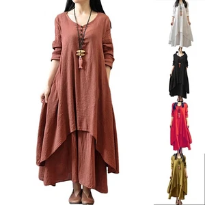 Oversize Damen Frühling Leinen Kleid Vintage Morgenmantel Lagenlook locker lang - Picture 1 of 42