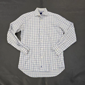 David Donahue Dress Shirt Mens 16 34/35 White Blue Plaid Trim Fit Button Down - Picture 1 of 5