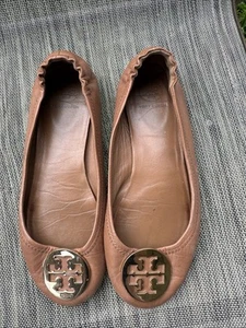 TORY BURCH AUTHENTIC BEIGE LEATHER FLATS WOMEN SHOES SIZE 8 - Picture 1 of 11