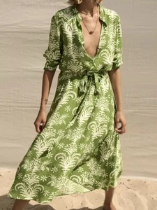 ZARA Green Ivory Paisley Belted Midi Shirt Dress Size M UK 10 - Picture 1 of 11