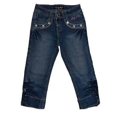 Girls Baby Phat VTG Jeans Embossed Stitched Flower Bling Sz 10 x 18" Crop Capri - Image 1 of 4