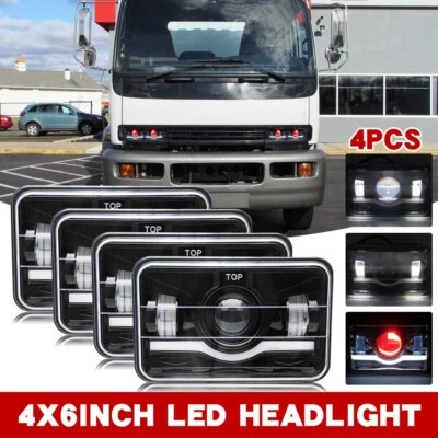4PCS Black 4x6" LED Headlights W/RED DRL Hi/Lo fits GMC T6500 T7500 1997-2009 - Image 1 of 4