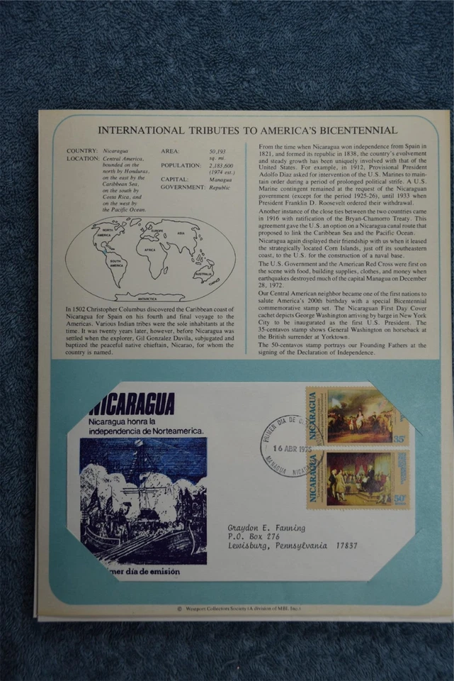 1975 Tributes to America's Bicentennial Souvenir Card - Nicaragua - Image 1 of 1