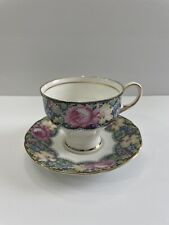 Paragon Double Warrant Gingham Rose Needlepoint Tea Cup & Saucer Black Flowers