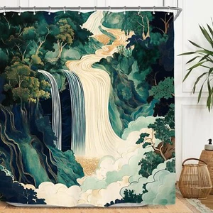 Abstract Waterfall Forest Shower Curtain Set 60Wx71H Inches Emerald Green Jap... - Picture 1 of 6