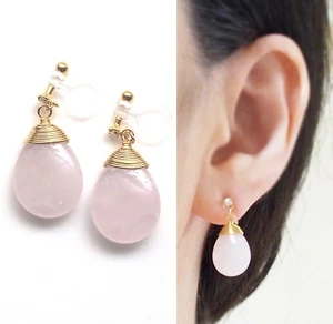Gemstone Teardrop Pink Rose Quartz Drop Invisible Clip On Earrings Gold - Picture 1 of 9