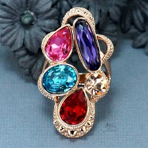 Size 8 Women Multicolor Crystal Cocktail Ring Rose Gold Plated Fashion Jewelry 6 - Picture 1 of 3