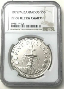 1977 Silver Gem Proof Barbados $5 Dollar Fountain 31.1 Grams Coin NGC PF 68 UC - Picture 1 of 12