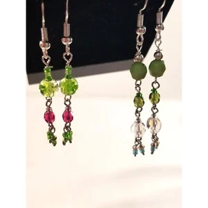 Handmade Dangle Drop Earrings Green Blue Pink Glass Beads .925 Hooks Set 2 - Picture 1 of 10