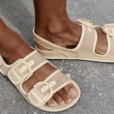 Zara Womens Open Toe Mesh Double Buckle Slingback Sandals Beige Size 37 Flat Dad - Image 1 of 4