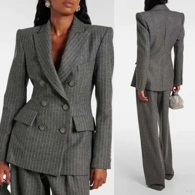 Modern Women Suit Gray Striped Jacket Double Breasted Peak Lapel Pants Business - Image 1 of 4