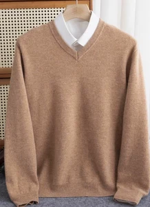Men Merino Wool V-Neck Autumn Winter Sweater Pullover Cashmere Warm Solid - Picture 1 of 29