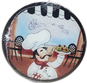 Round Glass Cutting Board / Trivet, app. 8", FAT CHEF WITH TRAY, RISTORANTE, GR - Picture 1 of 7