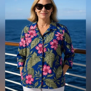 Chico’s 100% Linen Floral Button Front Jacket Shirt Blue Pink Hibiscus Size L - Picture 1 of 11