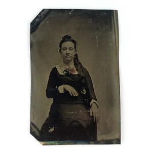 Woman Bouncing Invisible Ball Tintype c1870 Antique Girl 1/6 Plate Photo A3815 - Foto 1 di 2
