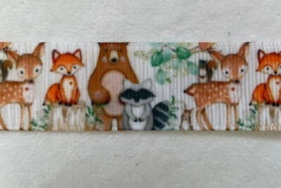 Woodland Forest Animals Grosgrain ribbon 7/8" bear deer raccoon squirrel rabbit - Image 1 of 2