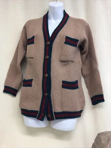RARE vintage GUCCI Cardigan, 1950s iconic green red stripe beige Leather Buttons - Picture 1 of 11